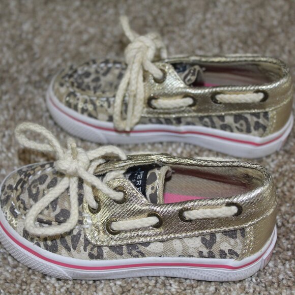 Sperry Baby Shoes Gold Leopard Cheetah Sequin Boat Infant Girls Size 5 M - Picture 3 of 6
